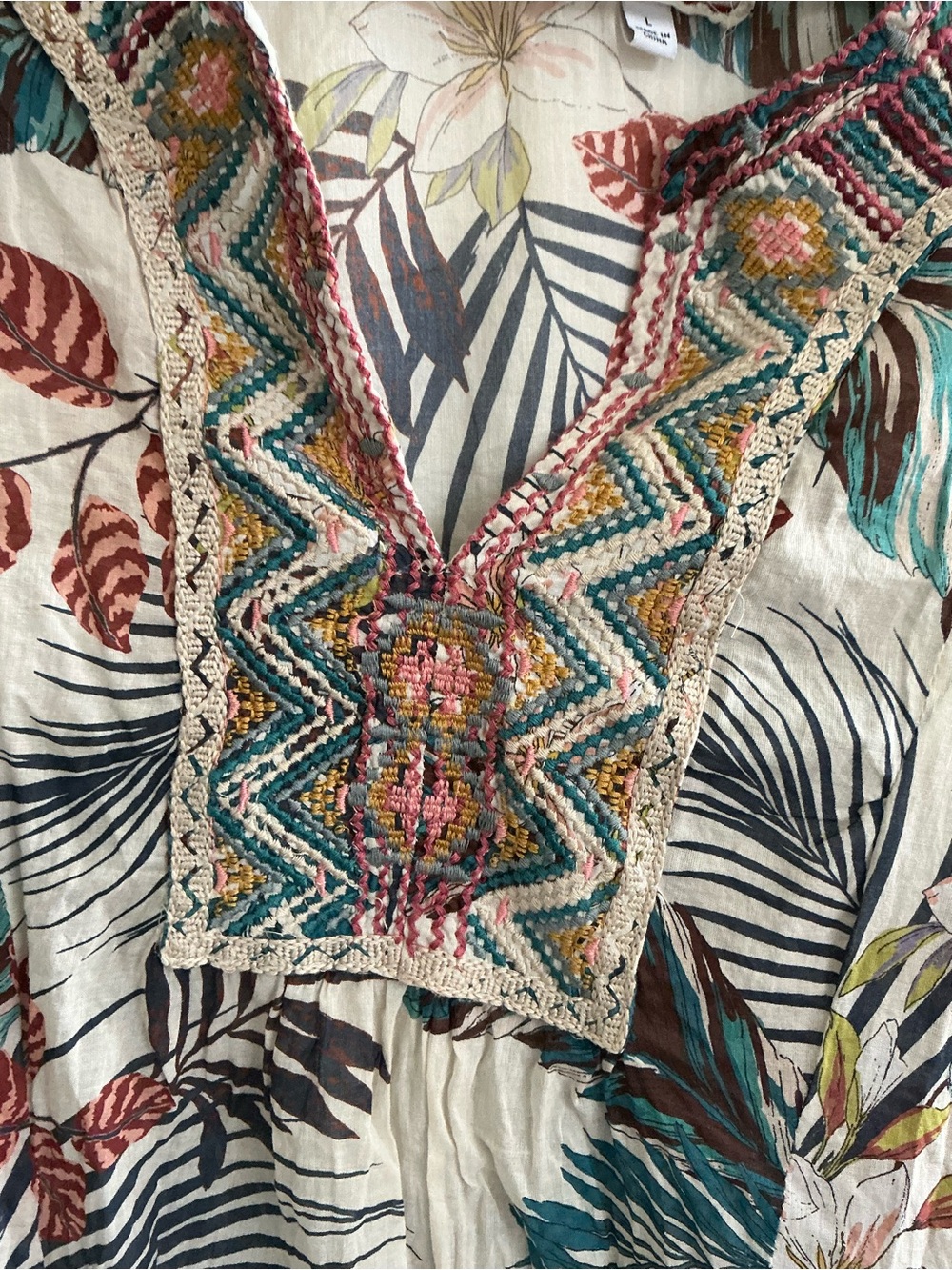 Johnny Was Ivory Tropical Print Short Dress with Teal & Rust Accents Size Large - Picture 5 of 9